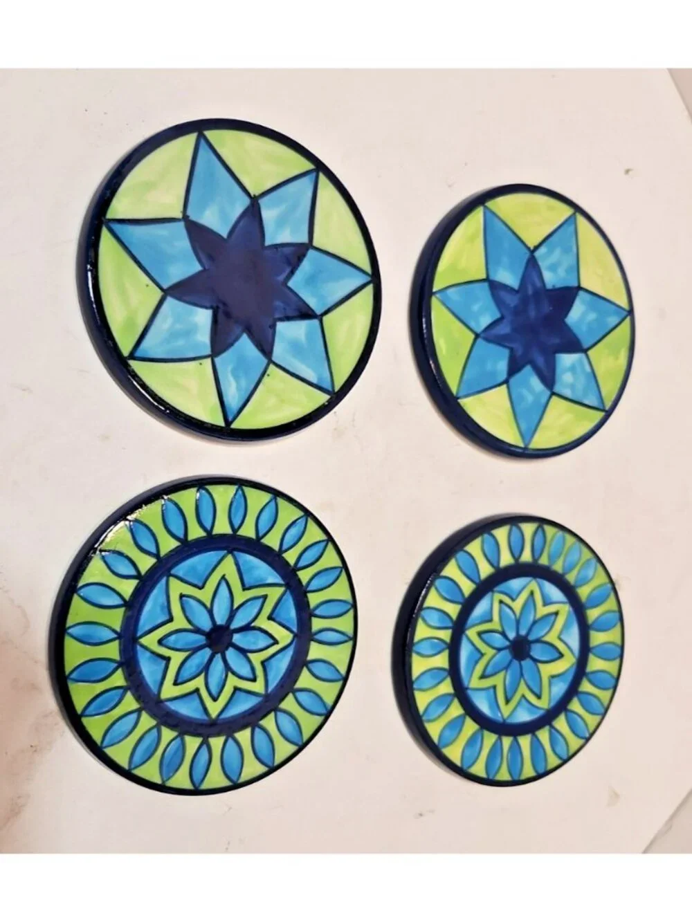 Vtg Pier One Ceramic Handpainted Talavera Style Coasters Blue And Green Set Of 4